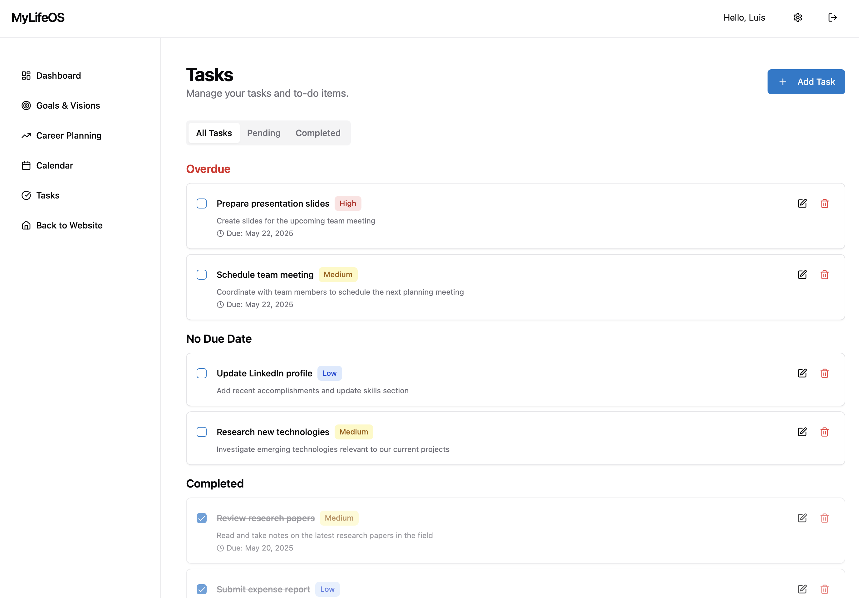 MyLifeOS Tasks View